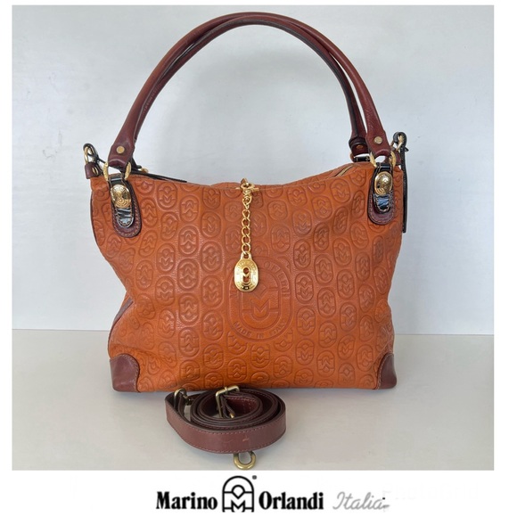 MARINO ORLANDI Italy Monogram Cognac Brown Leather Oversized Hobo Shoulder Bag - Picture 1 of 15